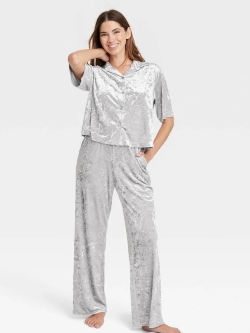Stars Above Silver Crushed Velvet Pajama Set Womenβs S Button Front Luxe Lounge